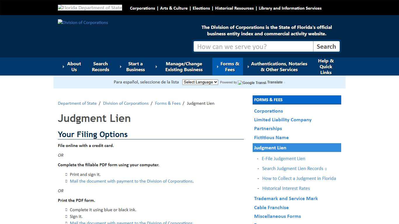 Judgment Lien - Division of Corporations - Florida Department of State